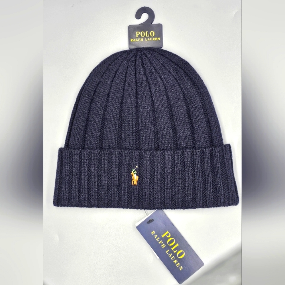 Polo Ralph Lauren Wool Blend Cuffed Beanie Hat Knit Navy Embroidered Pony Logo